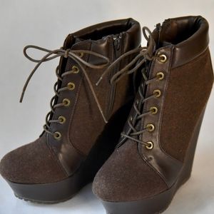 Bamboo - Booth-33L Lace Up Wedge Booties in Brown